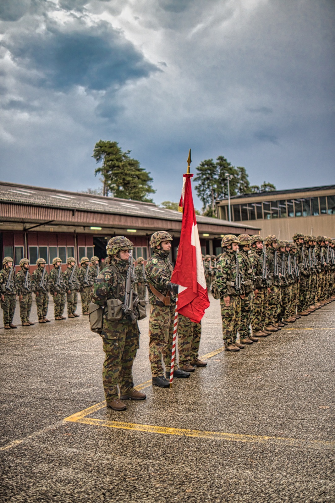 Roll call with flag bearer during service